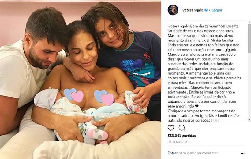 Ivete Sangalo amamenta filhas gêmeas e posta no Instagram